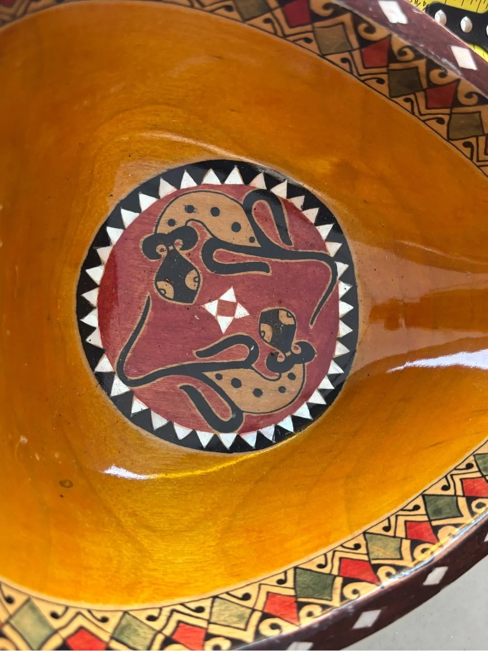 Hand Carved Wooden Bowl Mother of Pearl Inlay Animal Motif Tribal South Africa?